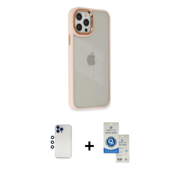 MARSİLYAN™- iPhone 12 Pro Max Kılıf Eksen Doku Prime - Şeffaf Royal Nano Ekran Koruyucu + Shine Kamera Lens - LT