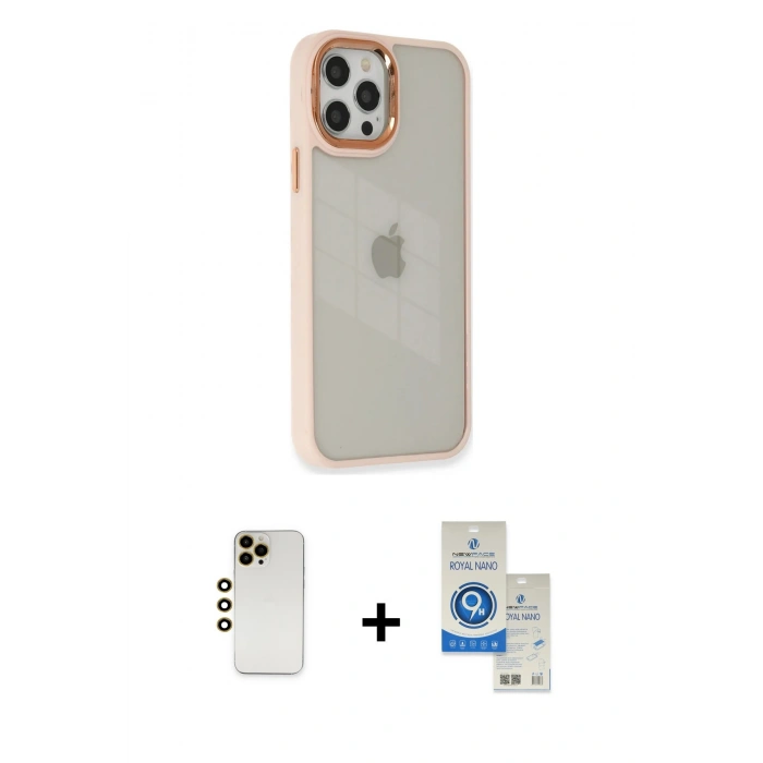 MARSİLYAN™- iPhone 12 Pro Max Kılıf Eksen Doku Prime - Şeffaf Royal Nano Ekran Koruyucu + Shine Kamera Lens - GD