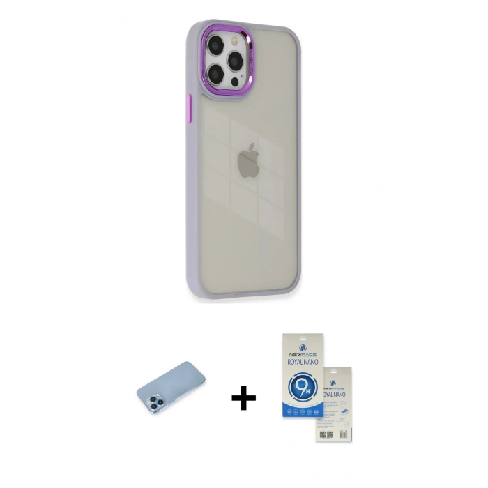 MARSİLYAN™- iPhone 12 Pro Max Kılıf Eksen Doku Prime - Şeffaf Royal Nano Ekran Koruyucu + Shine Kamera Lens Koruma Cam - MI