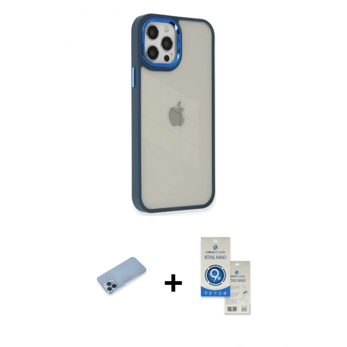MARSİLYAN™- iPhone 12 Pro Max Kılıf Eksen Doku Prime - Şeffaf Royal Nano Ekran Koruyucu + Shine Kamera Lens Koruma Cam - MI