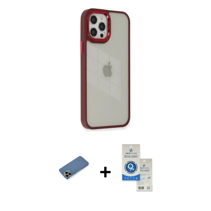 MARSİLYAN™- iPhone 12 Pro Max Kılıf Eksen Doku Prime - Şeffaf Royal Nano Ekran Koruyucu + Shine Kamera Lens Koruma Cam - GD