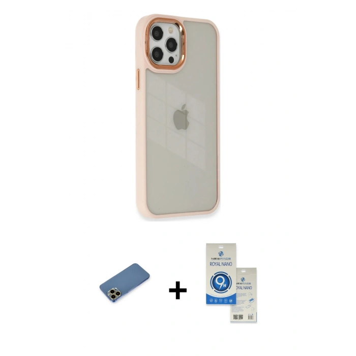 MARSİLYAN™- iPhone 12 Pro Max Kılıf Eksen Doku Prime - Şeffaf Royal Nano Ekran Koruyucu + Shine Kamera Lens Koruma Cam - GD