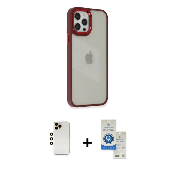 MARSİLYAN™- iPhone 12 Pro Max Kılıf Eksen Doku Prime - Şeffaf Royal Nano Ekran Koruyucu + Shine Kamera Lens - GD
