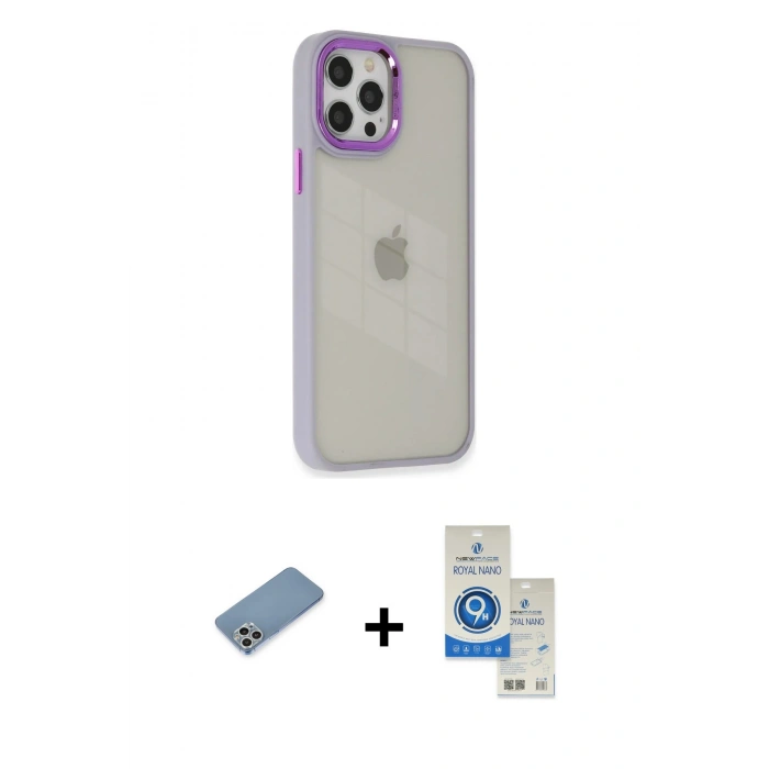 MARSİLYAN™- iPhone 12 Pro Max Kılıf Eksen Doku Prime - Şeffaf Royal Nano Ekran Koruyucu + Shine Kamera Lens Koruma Cam - GS