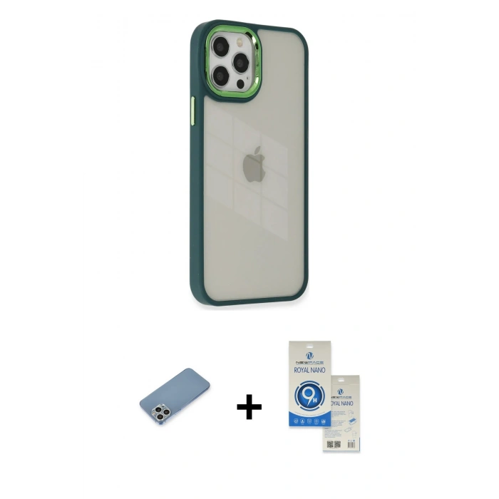 MARSİLYAN™- iPhone 12 Pro Max Kılıf Eksen Doku Prime - Şeffaf Royal Nano Ekran Koruyucu + Shine Kamera Lens Koruma Cam - GS