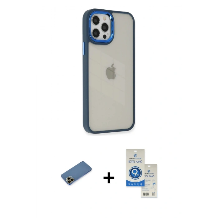 MARSİLYAN™- iPhone 12 Pro Max Kılıf Eksen Doku Prime - Şeffaf Royal Nano Ekran Koruyucu + Shine Kamera Lens Koruma Cam - GD