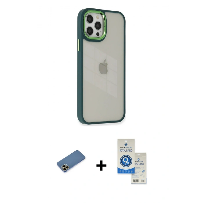 MARSİLYAN™- iPhone 12 Pro Max Kılıf Eksen Doku Prime - Şeffaf Royal Nano Ekran Koruyucu + Shine Kamera Lens Koruma Cam - GD
