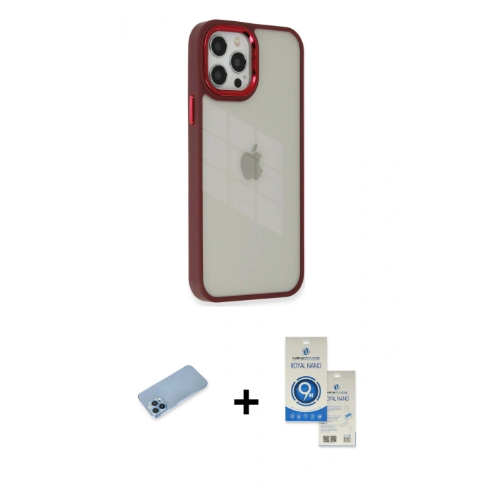 MARSİLYAN™- iPhone 12 Pro Max Kılıf Eksen Doku Prime - Şeffaf Royal Nano Ekran Koruyucu + Shine Kamera Lens Koruma Cam - MI