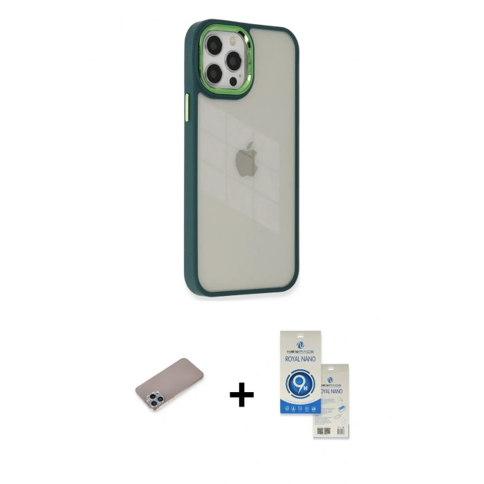 MARSİLYAN™- iPhone 12 Pro Max Kılıf Eksen Doku Prime - Şeffaf Royal Nano Ekran Koruyucu + Shine Kamera Lens Koruma Cam - SABE