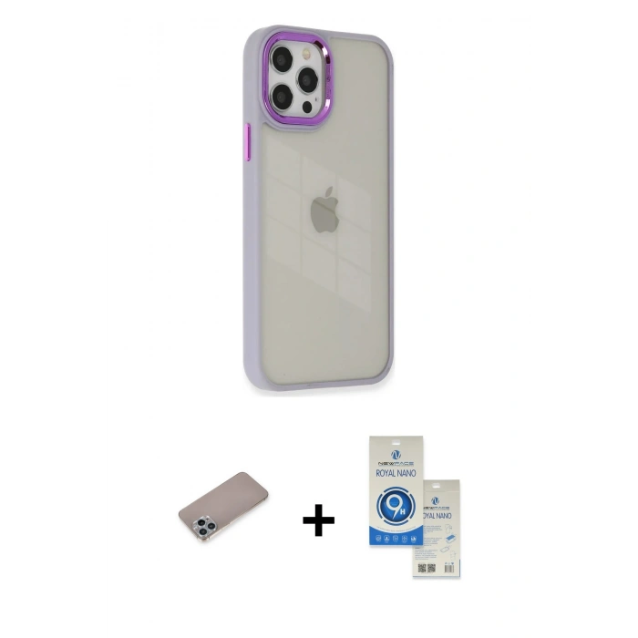 MARSİLYAN™- iPhone 12 Pro Max Kılıf Eksen Doku Prime - Şeffaf Royal Nano Ekran Koruyucu + Shine Kamera Lens Koruma Cam - SABE