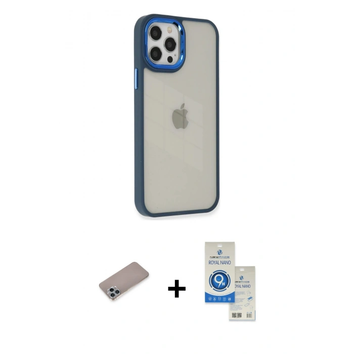 MARSİLYAN™- iPhone 12 Pro Max Kılıf Eksen Doku Prime - Şeffaf Royal Nano Ekran Koruyucu + Shine Kamera Lens Koruma Cam - SABE