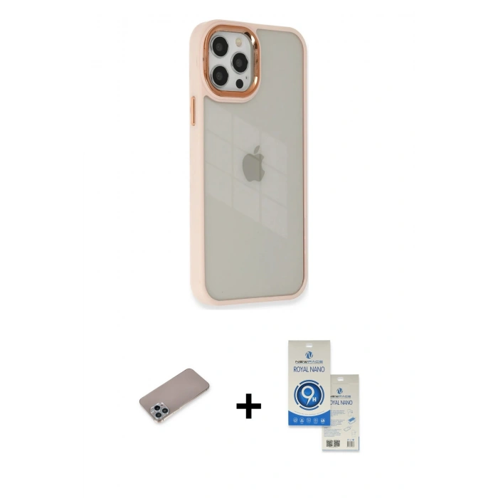 MARSİLYAN™- iPhone 12 Pro Max Kılıf Eksen Doku Prime - Şeffaf Royal Nano Ekran Koruyucu + Shine Kamera Lens Koruma Cam - SABE