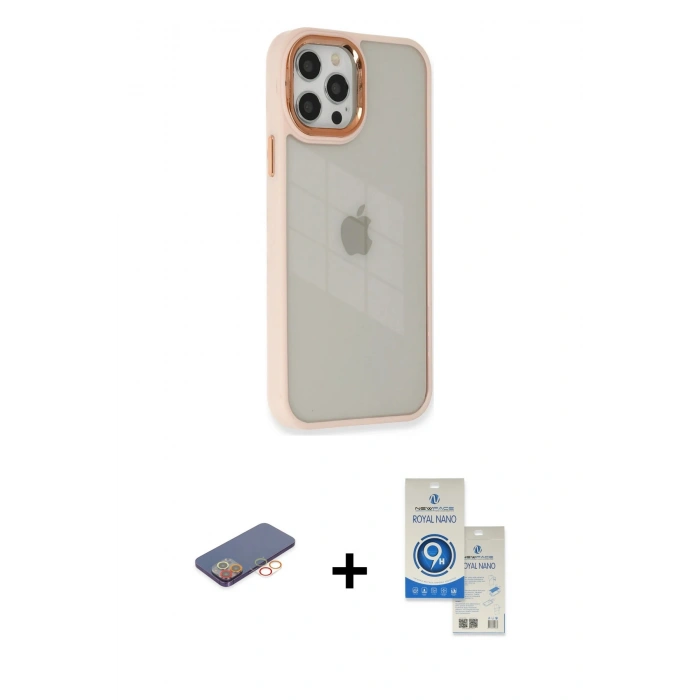 MARSİLYAN™- iPhone 12 Pro Max Kılıf Eksen Doku Prime - Şeffaf Royal Nano Ekran Koruyucu + Renkli Kamera Lens Koruma Cam - TU