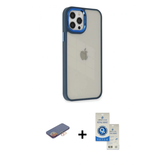 MARSİLYAN™- iPhone 12 Pro Max Kılıf Eksen Doku Prime - Şeffaf Royal Nano Ekran Koruyucu + Renkli Kamera Lens Koruma Cam - TU