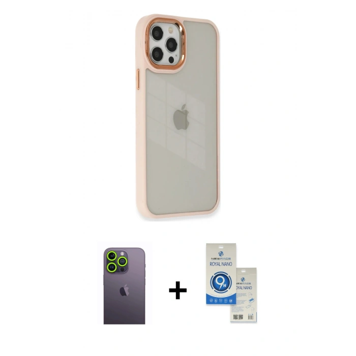 MARSİLYAN™- iPhone 12 Pro Max Kılıf Eksen Doku Prime - Şeffaf Royal Nano Ekran Koruyucu + Neon Fosforlu Kamera Lens - YL