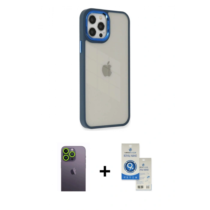 MARSİLYAN™- iPhone 12 Pro Max Kılıf Eksen Doku Prime - Şeffaf Royal Nano Ekran Koruyucu + Neon Fosforlu Kamera Lens - YL