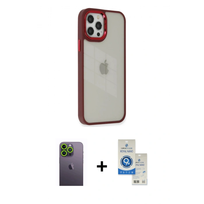 MARSİLYAN™- iPhone 12 Pro Max Kılıf Eksen Doku Prime - Şeffaf Royal Nano Ekran Koruyucu + Neon Fosforlu Kamera Lens - YL