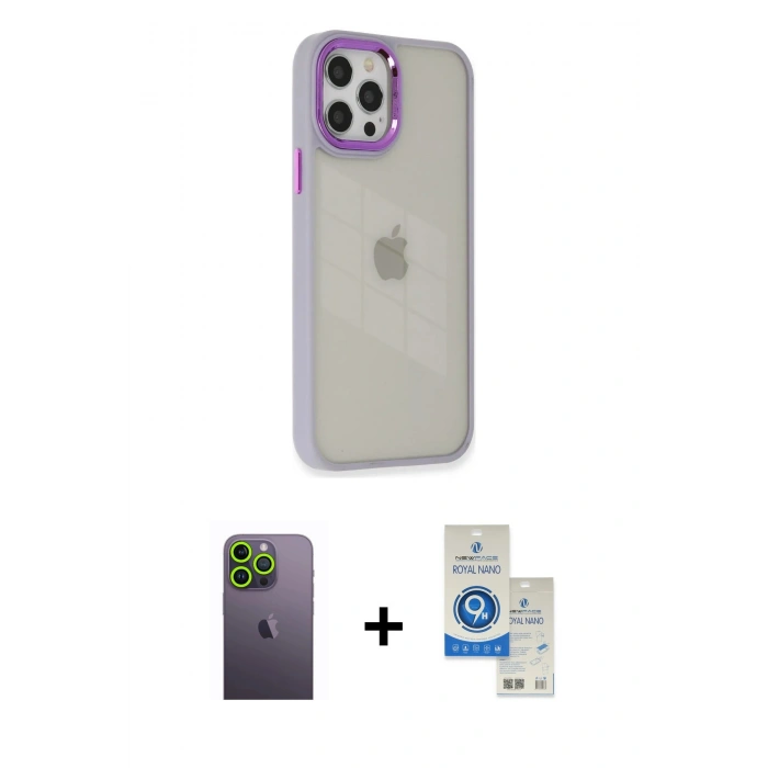 MARSİLYAN™- iPhone 12 Pro Max Kılıf Eksen Doku Prime - Şeffaf Royal Nano Ekran Koruyucu + Neon Fosforlu Kamera Lens - YL