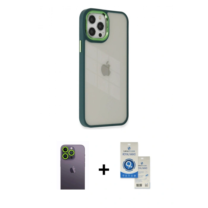 MARSİLYAN™- iPhone 12 Pro Max Kılıf Eksen Doku Prime - Şeffaf Royal Nano Ekran Koruyucu + Neon Fosforlu Kamera Lens - YL