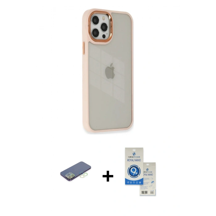 MARSİLYAN™- iPhone 12 Pro Max Kılıf Eksen Doku Prime - Şeffaf Royal Nano Ekran Koruyucu + Renkli Kamera Lens Koruma Cam - YL