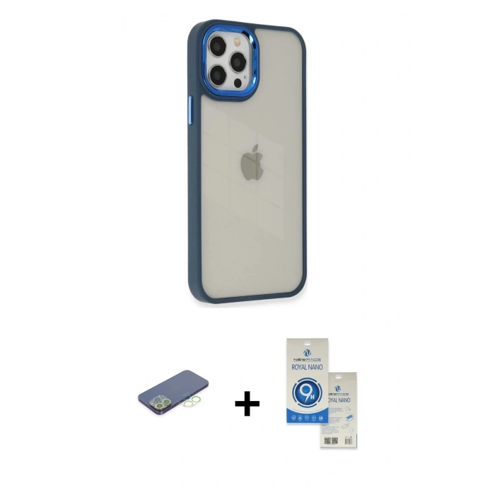 MARSİLYAN™- iPhone 12 Pro Max Kılıf Eksen Doku Prime - Şeffaf Royal Nano Ekran Koruyucu + Renkli Kamera Lens Koruma Cam - YL