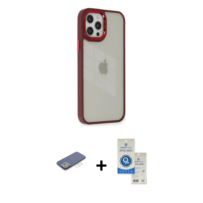 MARSİLYAN™- iPhone 12 Pro Max Kılıf Eksen Doku Prime - Şeffaf Royal Nano Ekran Koruyucu + Renkli Kamera Lens Koruma Cam - YL