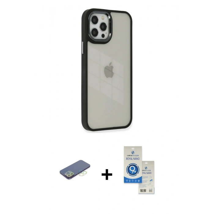 MARSİLYAN™- iPhone 12 Pro Max Kılıf Eksen Doku Prime - Şeffaf Royal Nano Ekran Koruyucu + Renkli Kamera Lens Koruma Cam - YL
