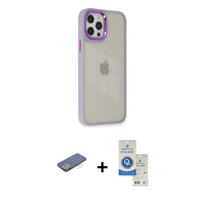 MARSİLYAN™- iPhone 12 Pro Max Kılıf Eksen Doku Prime - Şeffaf Royal Nano Ekran Koruyucu + Renkli Kamera Lens Koruma Cam - YL