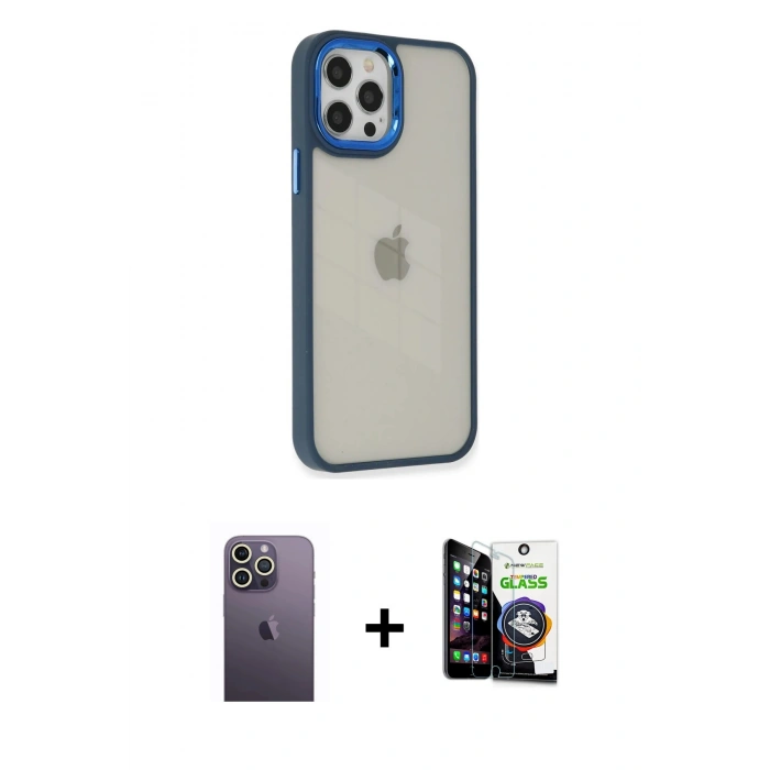 MARSİLYAN™- iPhone 12 Pro Max Kılıf Eksen Doku Prime - Şeffaf Temperli Cam Ekran Koruyucu + Neon Fosforlu Kamera Lens - BZ