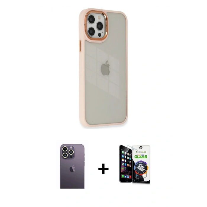 MARSİLYAN™- iPhone 12 Pro Max Kılıf Eksen Doku Prime - Şeffaf Temperli Cam Ekran Koruyucu + Neon Fosforlu Kamera Lens - BZ