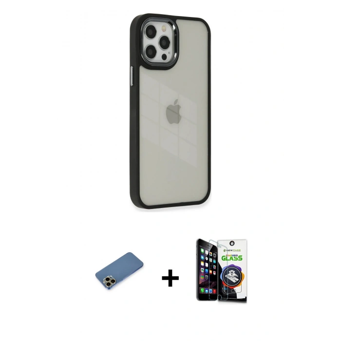 MARSİLYAN™- iPhone 12 Pro Max Kılıf Eksen Doku Prime - Şeffaf Temperli Cam Ekran Koruyucu + Shine Kamera Lens Koruma Cam - GD