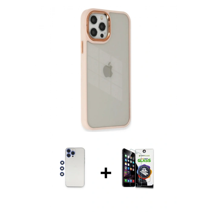MARSİLYAN™- iPhone 12 Pro Max Kılıf Eksen Doku Prime - Şeffaf Temperli Cam Ekran Koruyucu + Shine Kamera Lens - LT