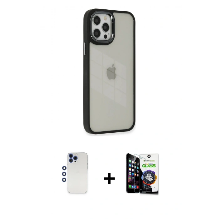 MARSİLYAN™- iPhone 12 Pro Max Kılıf Eksen Doku Prime - Şeffaf Temperli Cam Ekran Koruyucu + Shine Kamera Lens - LT