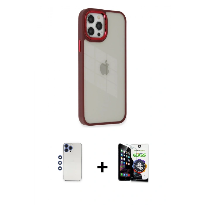 MARSİLYAN™- iPhone 12 Pro Max Kılıf Eksen Doku Prime - Şeffaf Temperli Cam Ekran Koruyucu + Shine Kamera Lens - LT
