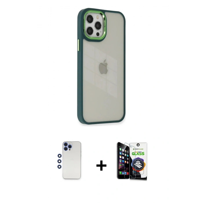 MARSİLYAN™- iPhone 12 Pro Max Kılıf Eksen Doku Prime - Şeffaf Temperli Cam Ekran Koruyucu + Shine Kamera Lens - LT