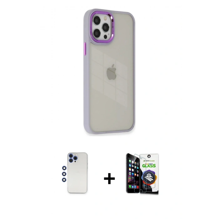 MARSİLYAN™- iPhone 12 Pro Max Kılıf Eksen Doku Prime - Şeffaf Temperli Cam Ekran Koruyucu + Shine Kamera Lens - LT