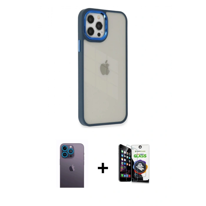 MARSİLYAN™- iPhone 12 Pro Max Kılıf Eksen Doku Prime - Şeffaf Temperli Cam Ekran Koruyucu + Neon Fosforlu Kamera Lens - MI