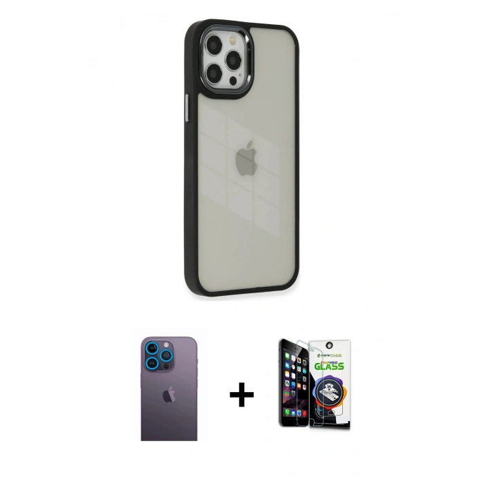 MARSİLYAN™- iPhone 12 Pro Max Kılıf Eksen Doku Prime - Şeffaf Temperli Cam Ekran Koruyucu + Neon Fosforlu Kamera Lens - MI