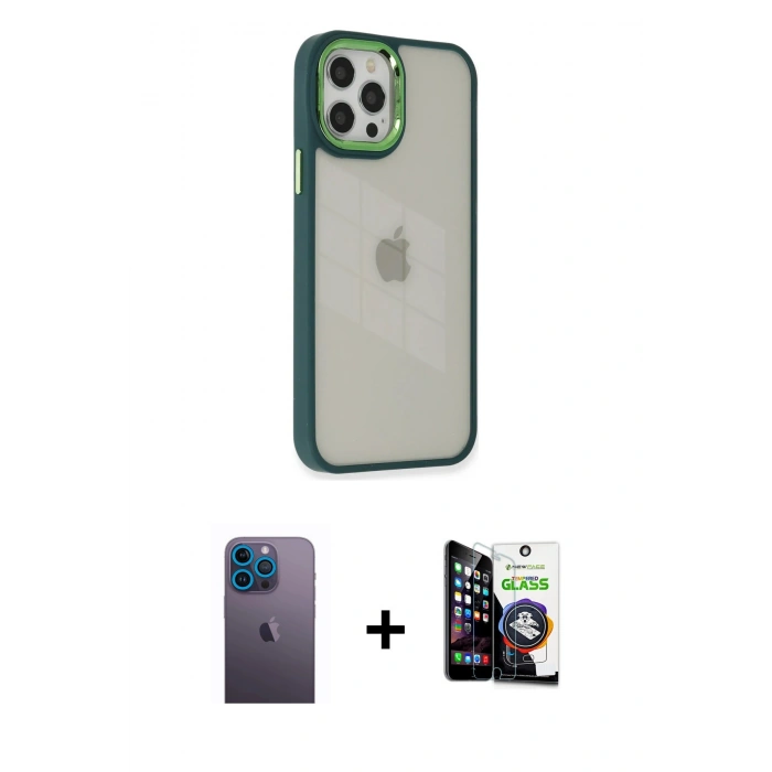 MARSİLYAN™- iPhone 12 Pro Max Kılıf Eksen Doku Prime - Şeffaf Temperli Cam Ekran Koruyucu + Neon Fosforlu Kamera Lens - MI