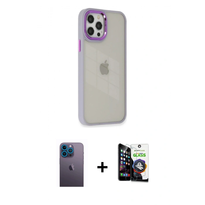 MARSİLYAN™- iPhone 12 Pro Max Kılıf Eksen Doku Prime - Şeffaf Temperli Cam Ekran Koruyucu + Neon Fosforlu Kamera Lens - MI