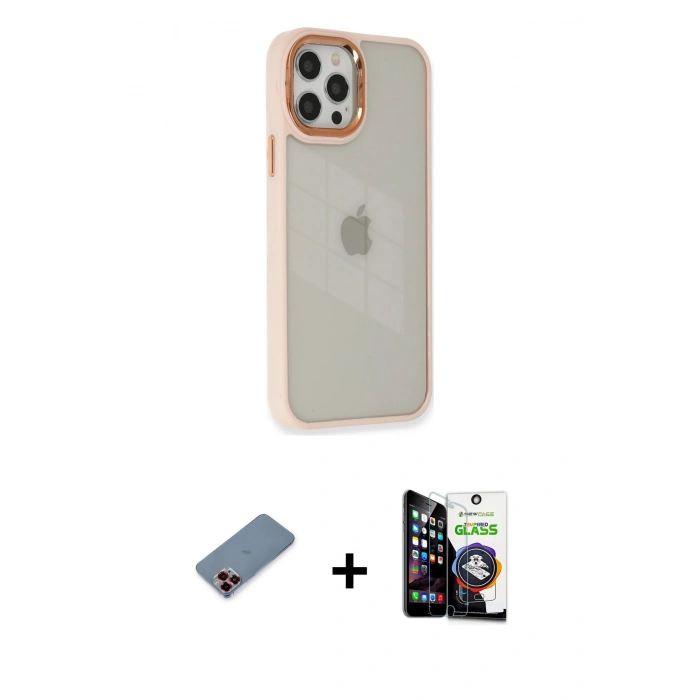 MARSİLYAN™- iPhone 12 Pro Max Kılıf Eksen Doku Prime - Şeffaf Temperli Cam Ekran Koruyucu + Metal Kamera Lens Koruma Cam - KI