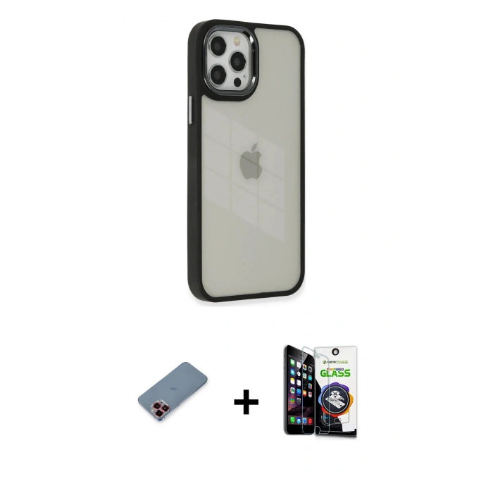 MARSİLYAN™- iPhone 12 Pro Max Kılıf Eksen Doku Prime - Şeffaf Temperli Cam Ekran Koruyucu + Metal Kamera Lens Koruma Cam - KI