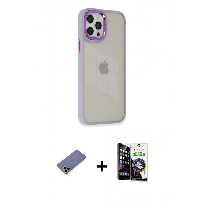 MARSİLYAN™- iPhone 12 Pro Max Kılıf Eksen Doku Prime - Şeffaf Temperli Cam Ekran Koruyucu + Metal Kamera Lens Koruma Cam - GD