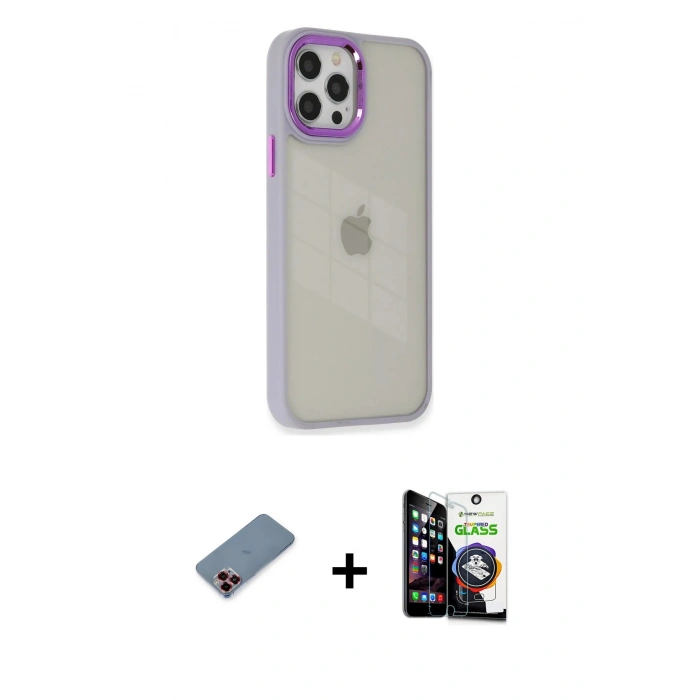 MARSİLYAN™- iPhone 12 Pro Max Kılıf Eksen Doku Prime - Şeffaf Temperli Cam Ekran Koruyucu + Metal Kamera Lens Koruma Cam - KI