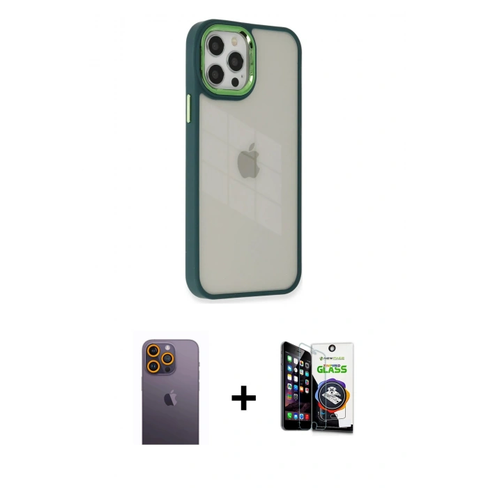 MARSİLYAN™- iPhone 12 Pro Max Kılıf Eksen Doku Prime - Şeffaf Temperli Cam Ekran Koruyucu + Neon Fosforlu Kamera Lens - SI
