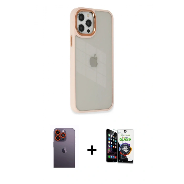 MARSİLYAN™- iPhone 12 Pro Max Kılıf Eksen Doku Prime - Şeffaf Temperli Cam Ekran Koruyucu + Neon Fosforlu Kamera Lens - TU