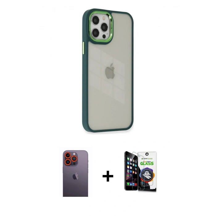 MARSİLYAN™- iPhone 12 Pro Max Kılıf Eksen Doku Prime - Şeffaf Temperli Cam Ekran Koruyucu + Neon Fosforlu Kamera Lens - TU