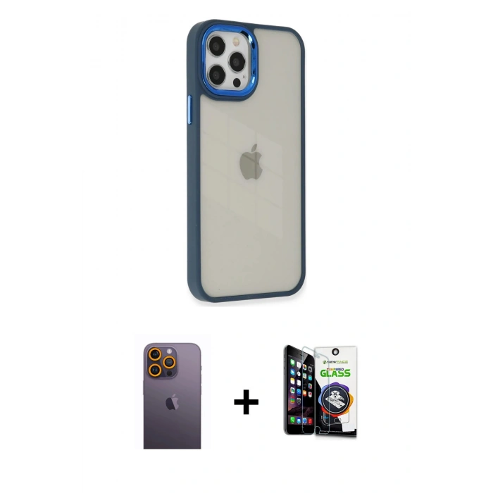 MARSİLYAN™- iPhone 12 Pro Max Kılıf Eksen Doku Prime - Şeffaf Temperli Cam Ekran Koruyucu + Neon Fosforlu Kamera Lens - SI