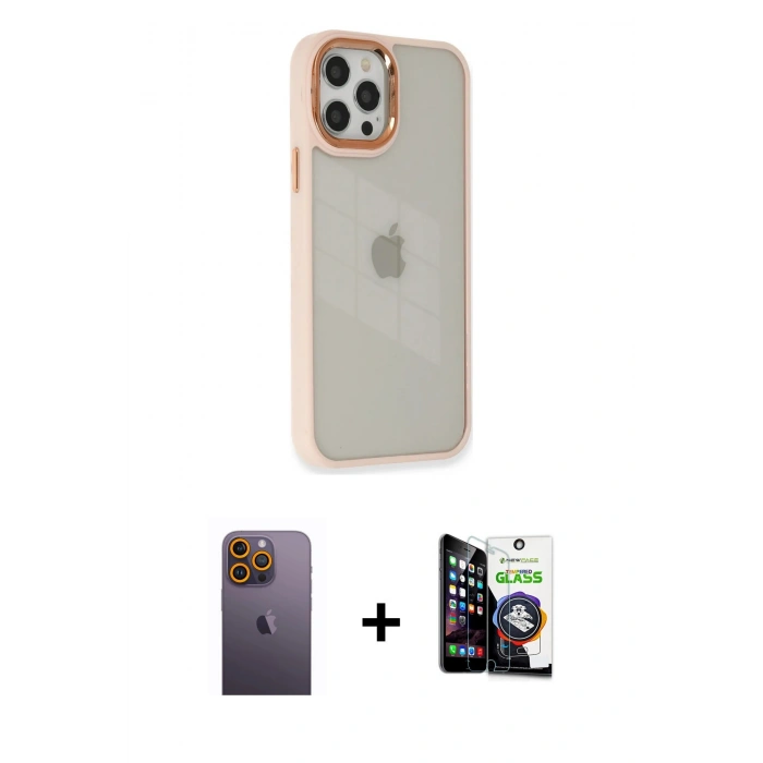 MARSİLYAN™- iPhone 12 Pro Max Kılıf Eksen Doku Prime - Şeffaf Temperli Cam Ekran Koruyucu + Neon Fosforlu Kamera Lens - SI