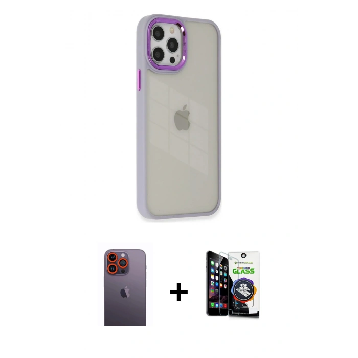 MARSİLYAN™- iPhone 12 Pro Max Kılıf Eksen Doku Prime - Şeffaf Temperli Cam Ekran Koruyucu + Neon Fosforlu Kamera Lens - TU